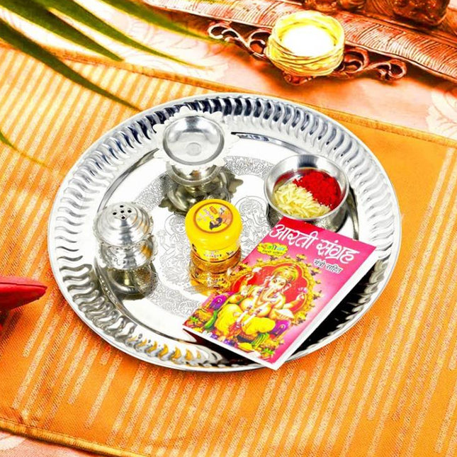 Beautiful Stainless Steel 9 inch Pooja Thali Set for Diwali, Dhanteras Stainless Steel 