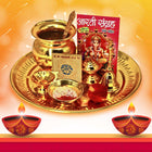 Traditional Steel Pooja Thali Set, Golden Pooja Thali Set Gold Plated  (7 Pieces, Gold)