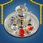 Silver Plated Puja Thali with Rali Chawal and Kalawa, For Diwali Pooja, Dhanteras & Navratras