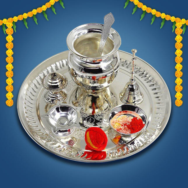Silver Plated Puja Thali with Rali Chawal and Kalawa, For Diwali Pooja, Dhanteras & Navratras