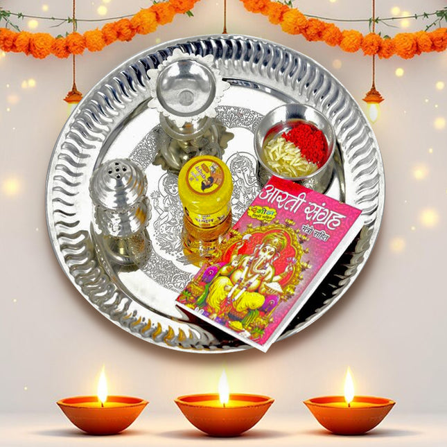 Silver Plated Pooja thali Set with Chandan Tika, Roli Akshat - Aarti Sangrah for Diwali Pooja