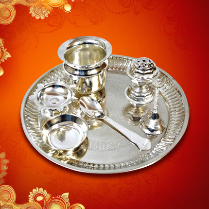 Silver Color Plated Pooja tHali set for Diwali Pooja, Navratri Pujan Silver Plated 