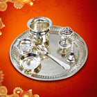 Silver Color Plated Pooja tHali set for Diwali Pooja, Navratri Pujan Silver Plated 