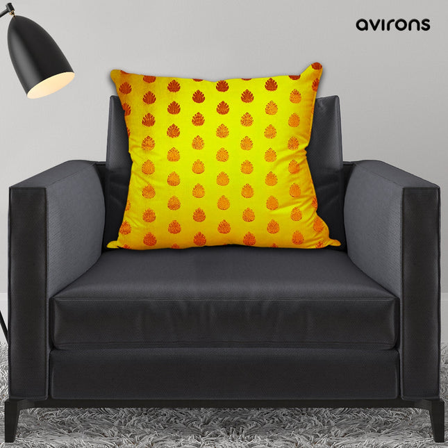 Vibrant Banarasi Cushion Cover with Elegant Zipper Yellow Color Pack of 1-16x16 inch