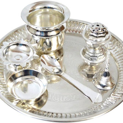 Silver Color Plated Pooja tHali set for Diwali Pooja, Navratri Pujan Silver Plated 
