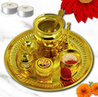 Special Designer Golden Puja Thali for Set Return Gift (10inch) Gold Plated  (7 Pieces, Gold)